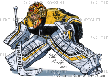 Tuukka Rask hockey sticker, hand-drawn by Mike Karschti