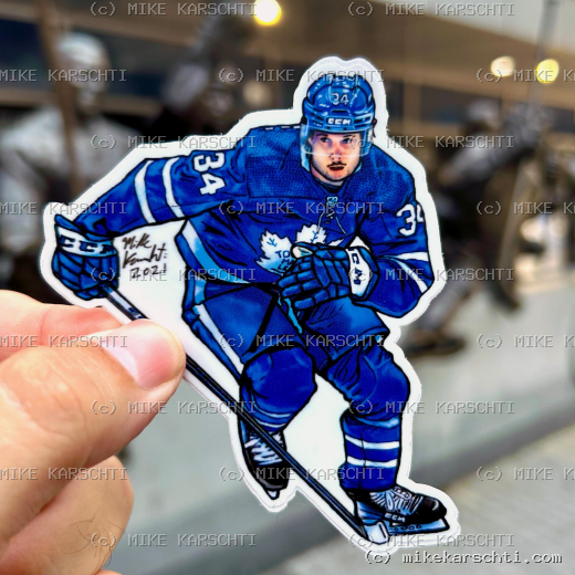 Auston Matthews hockey sticker, hand-drawn by Mike Karschti